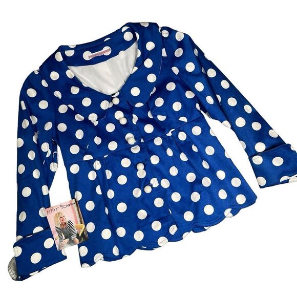 Betsey Johnson NWT Women's Blue Polka Dot Cotton Sateen‎ Rare Runway Jacket Sz 2 - Picture 1 of 10